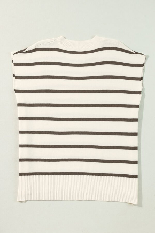 Brown Stripe Side Slits Crewneck Short Sleeve Sweater Tee