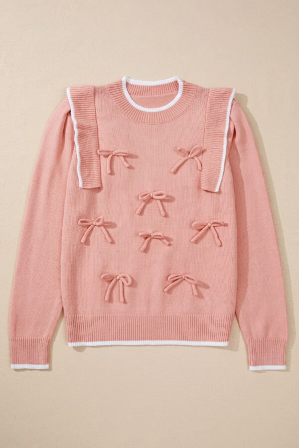 Light Pink Ruffled Bowknot Ribbed Trim Long Sleeve Sweater