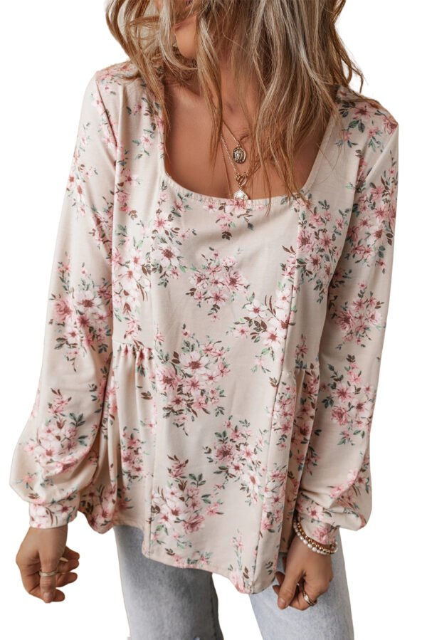 Pink Floral Print Pleated U Neck Loose Fit Blouse