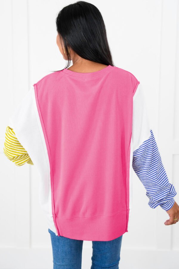 Rose Red Colorblock Patchwork Striped Puff Sleeve Plus Size Top with Slits