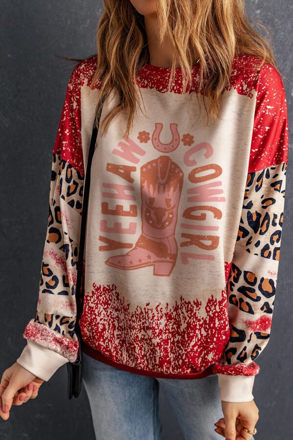 Red YEEHAW COWGIRL Graphic Bleached Scatter Leopard Sleeve Sweatshirt