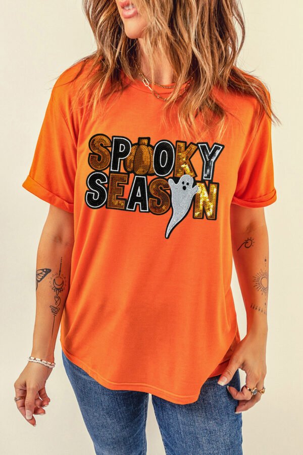 Orange Sequin SPOOKY SEASON Ghost Pattern Halloween T Shirt