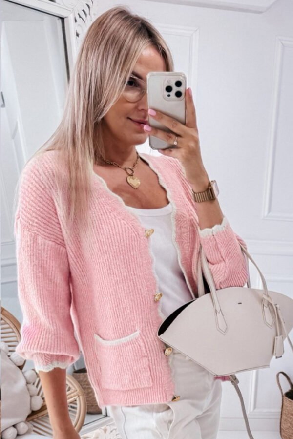 Pink Ribbed Knit Scalloped Edge Side Pockets Buttoned Cardigan