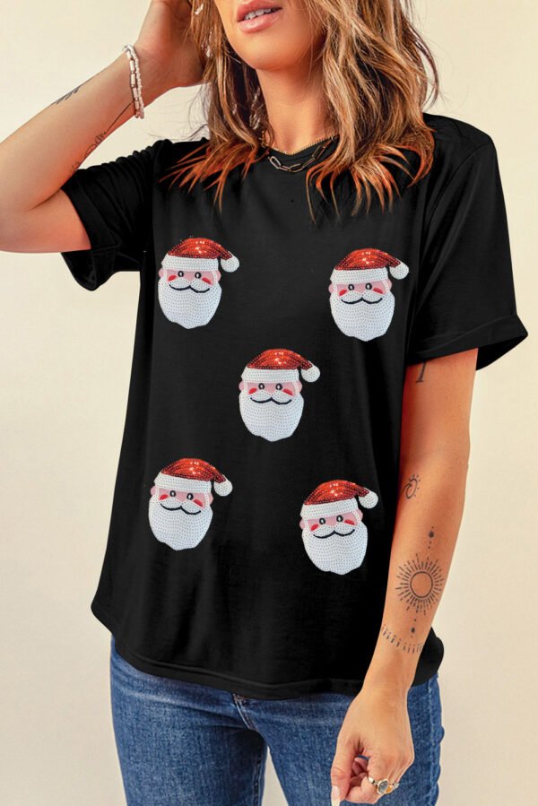 Black Sequin Christmas Claus Pattern Crewneck T Shirt