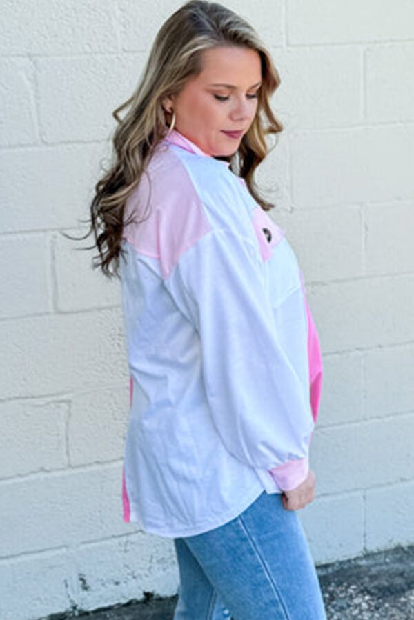 Bonbon Color Block Chest Pockets Half Button Plus Size Sweatshirt