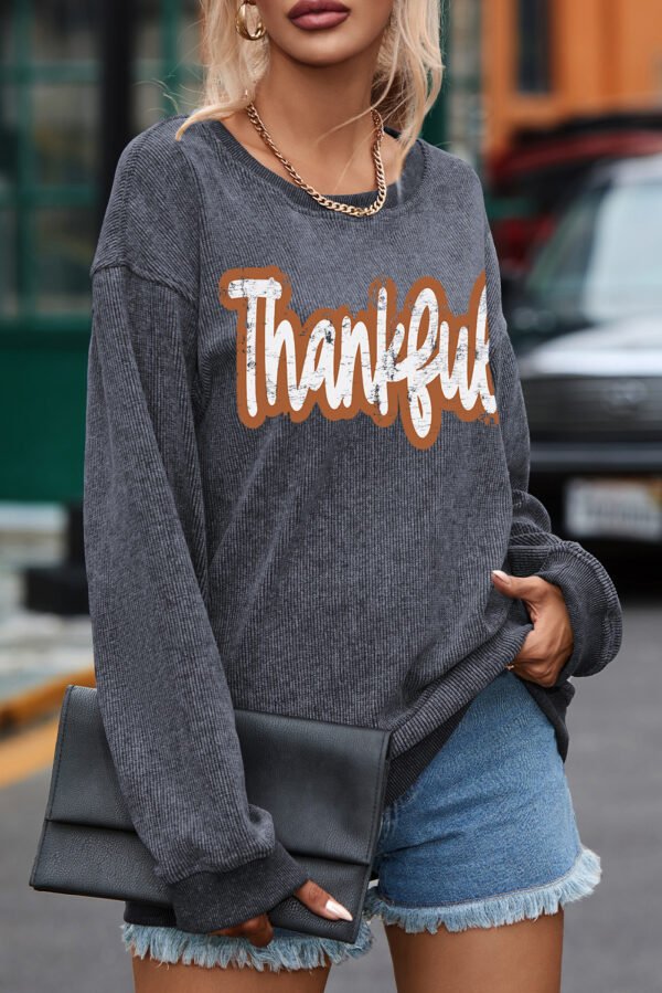 Gray Thankful Printed Drop Shoulder Corded Thanksgiving Sweatshirt