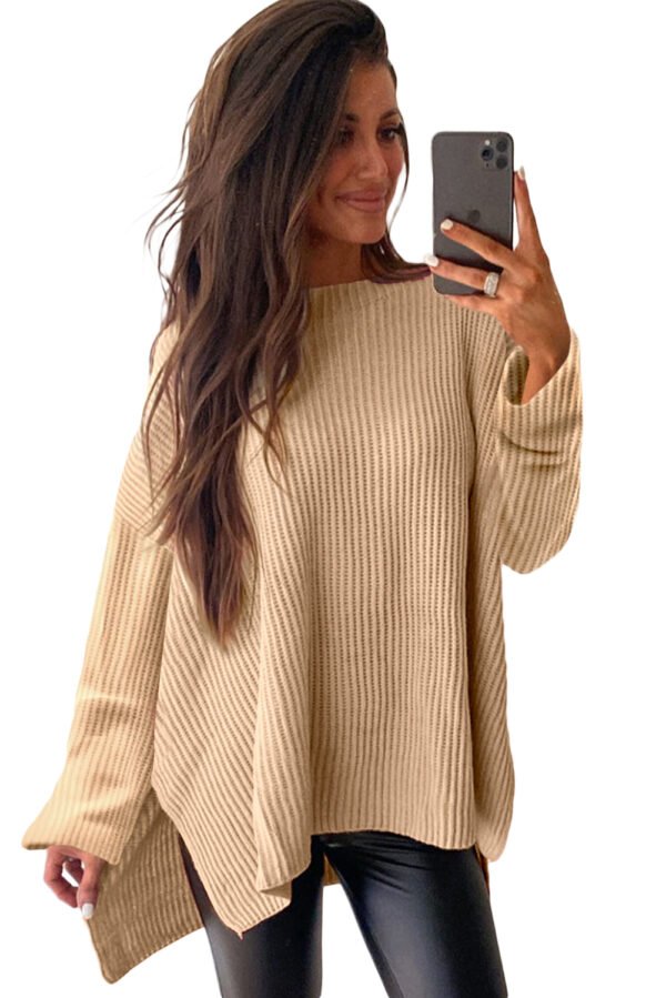 Apricot Cable Knit Drop Shoulder Side Slits Loose Sweater