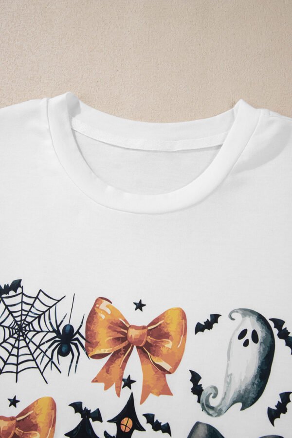 White Bowknot Pumpkin Ghost Halloween Print Round Neck T Shirt