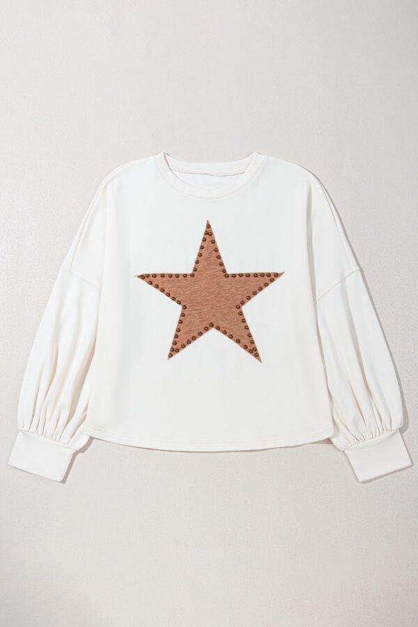 Beige Star Shape Studded Crew Neck Plus Size Long Sleeve Top