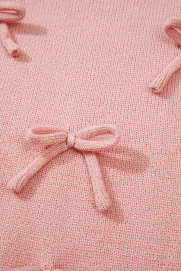 Light Pink Ruffled Bowknot Ribbed Trim Long Sleeve Sweater