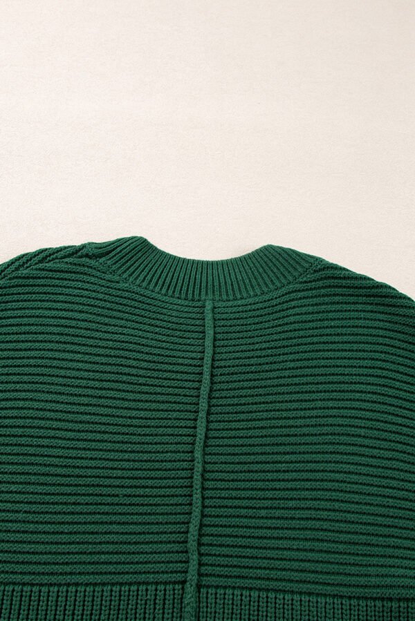 Blackish Green Textured Knit Crewneck Lantern Sleeve Sweater