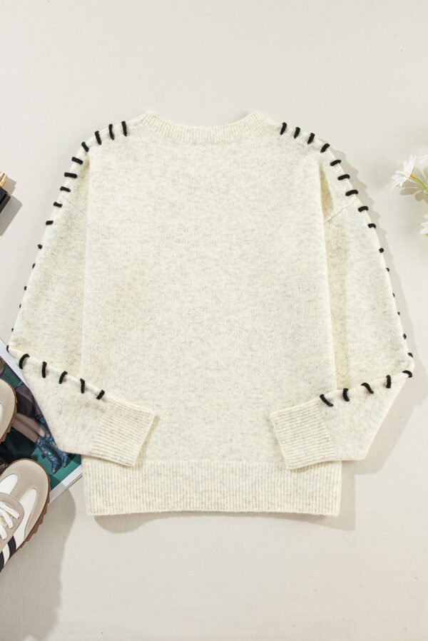 White Contrast Stitch Detail Ribbed Trim Sweater