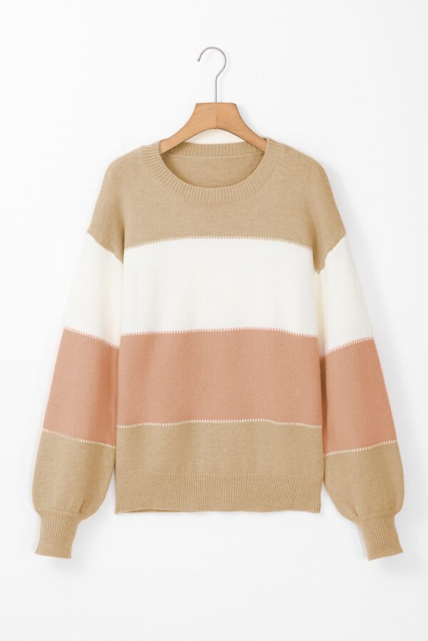 Dusty Pink Color Block Lantern Sleeve Drop Shoulder Sweater