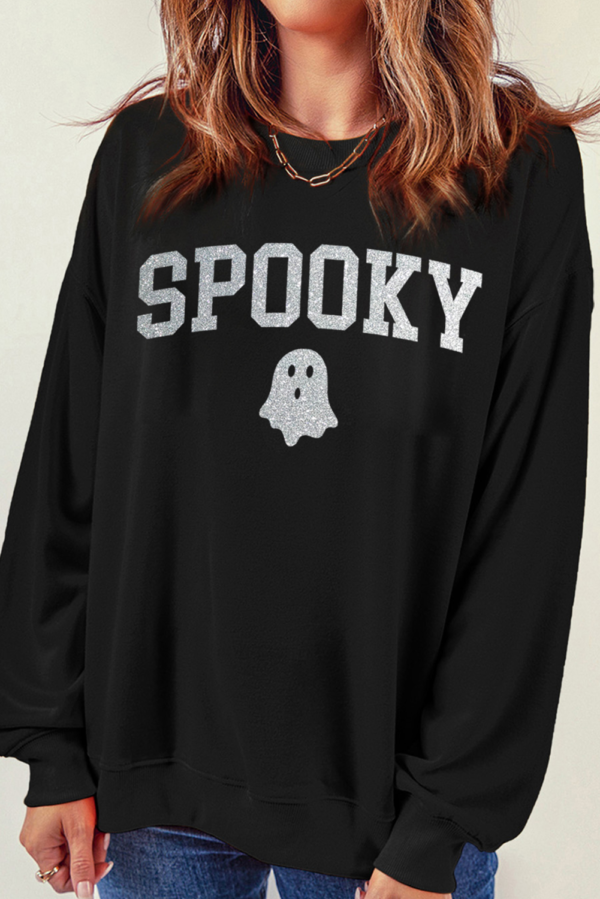 Black Glitter SPOOKY Ghost Pattern Crew Neck Halloween Sweatshirt