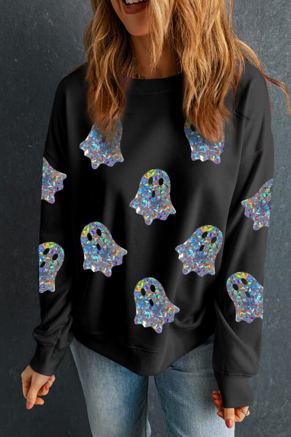 Black Glitter Ghosts Pattern Long Sleeve Halloween Sweatshirt