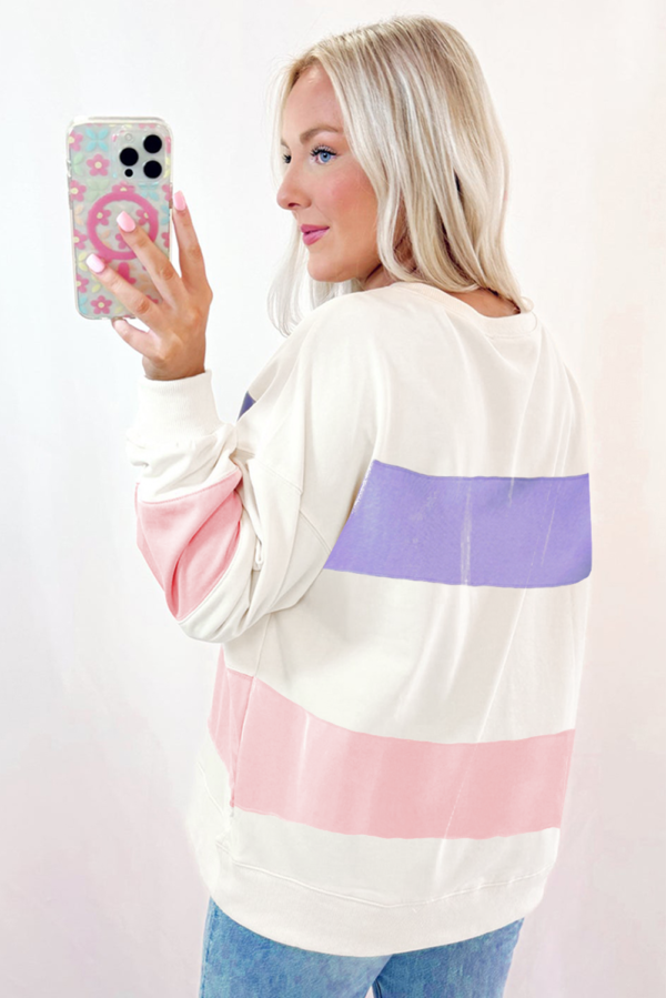 Beige Colorblock Patchwork Drop Shoulder Crewneck Sweatshirt