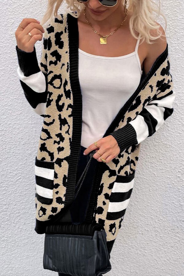 Black Stripe Sleeve Leopard Print Open Front Cardigan With Pockets