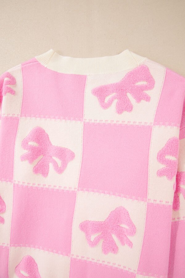 Pink Bowknot Checkered Pattern V Neck Drop Shoulder Button Up Cardigan