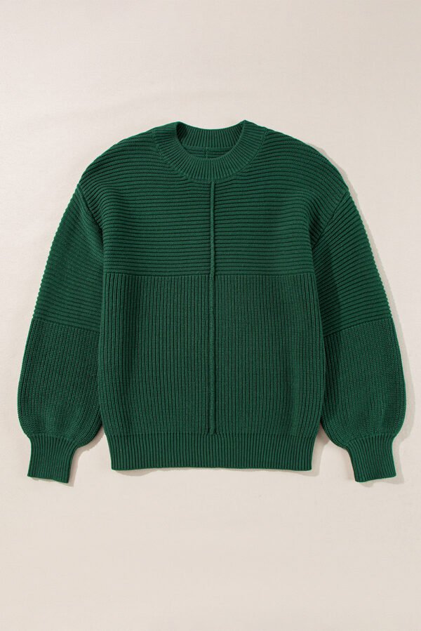 Blackish Green Textured Knit Crewneck Lantern Sleeve Sweater