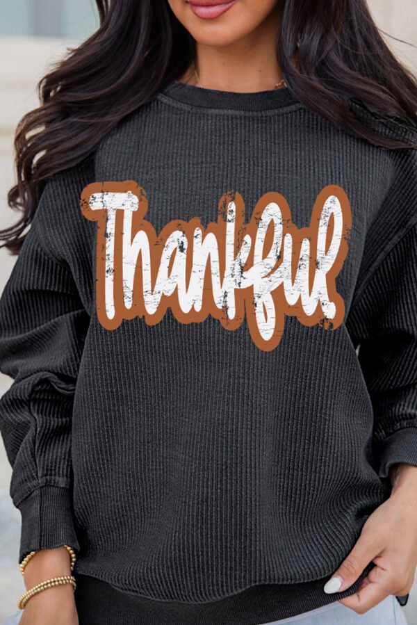 Black Thankful Printed Drop Shoulder Corded Thanksgiving Sweatshirt