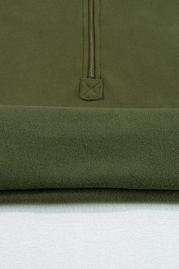 Moss Green Fleece Lined Half Zipper Kangaroo Pockets Loose Hoodie