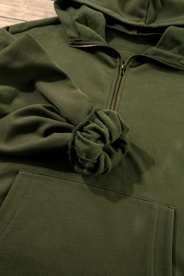 Moss Green Fleece Lined Half Zipper Kangaroo Pockets Loose Hoodie