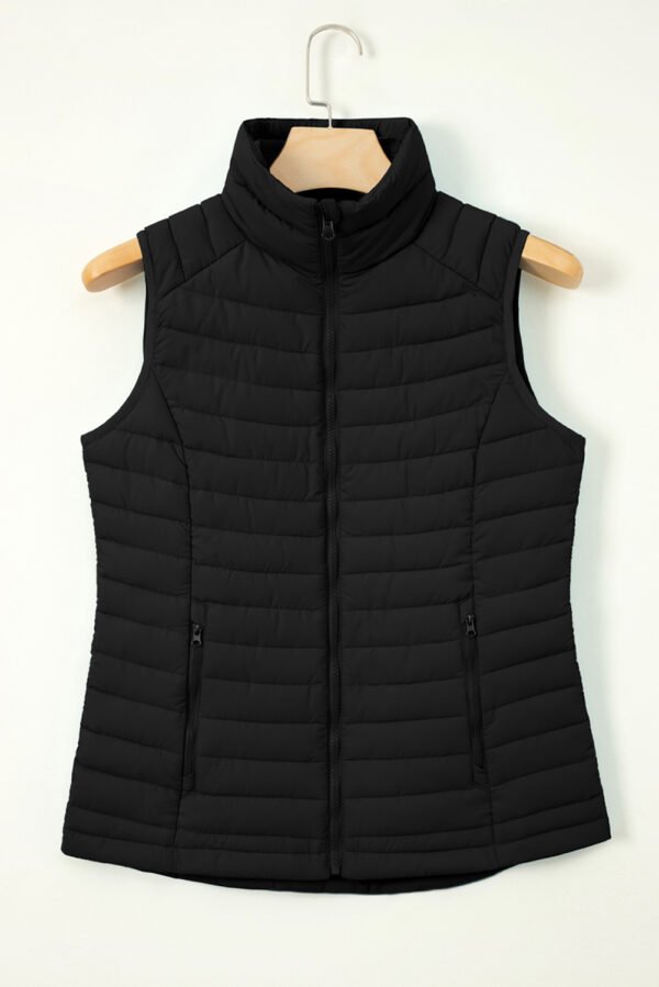 Black Plush Collared Quilted Zipped Puffer Vest