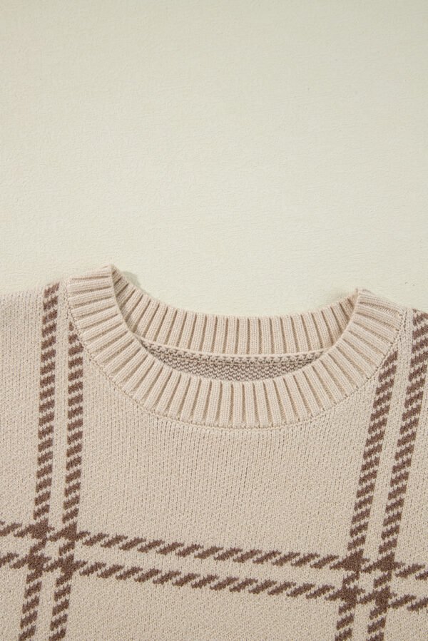 Khaki Plaid Pattern Knitted Drop Shoulder Sweater