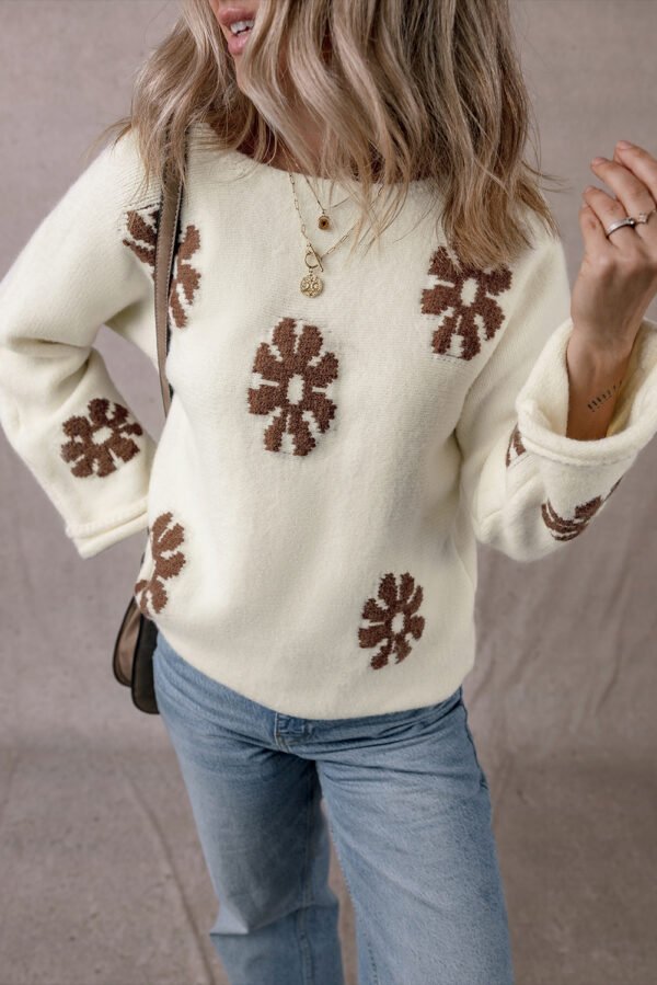 White Colorblock Floral Pattern Round Neck Sweater