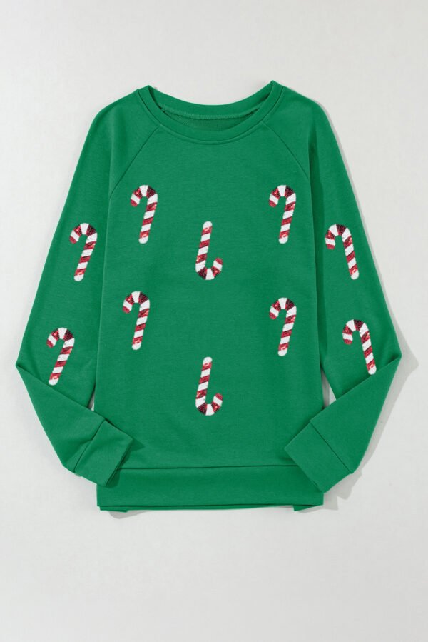 Green Sequin Christmas Candy Cane Graphic Crewneck Pullover Sweatshirt