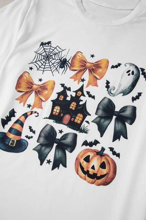 White Bowknot Pumpkin Ghost Halloween Print Round Neck T Shirt