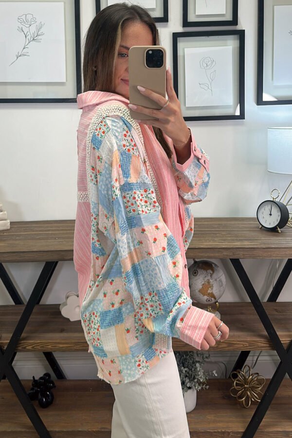 Pink Stripe Floral Patchwork Tunic Loose Fit Shirt