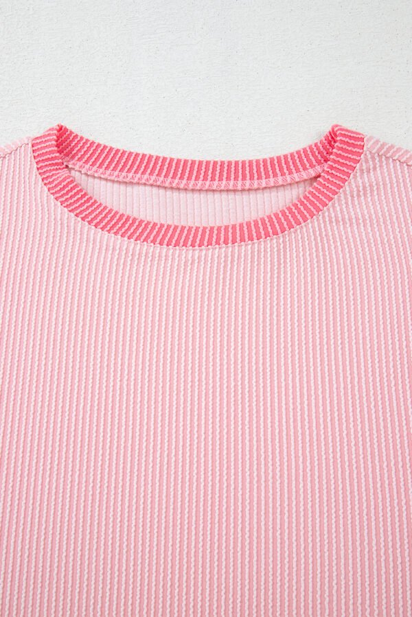 Pink Corded Colorblock Patchwork Drop Shoulder Long Sleeve Top