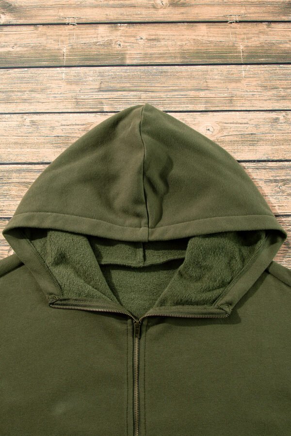 Moss Green Fleece Lined Half Zipper Kangaroo Pockets Loose Hoodie