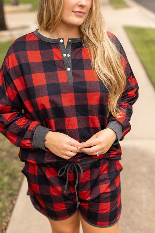 Fiery Red Christmas Buffalo Print Henley Top and Shorts Plus Size Set