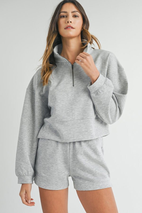 Light Grey Stand Neck Zipped Sweatshirt and Shorts Set