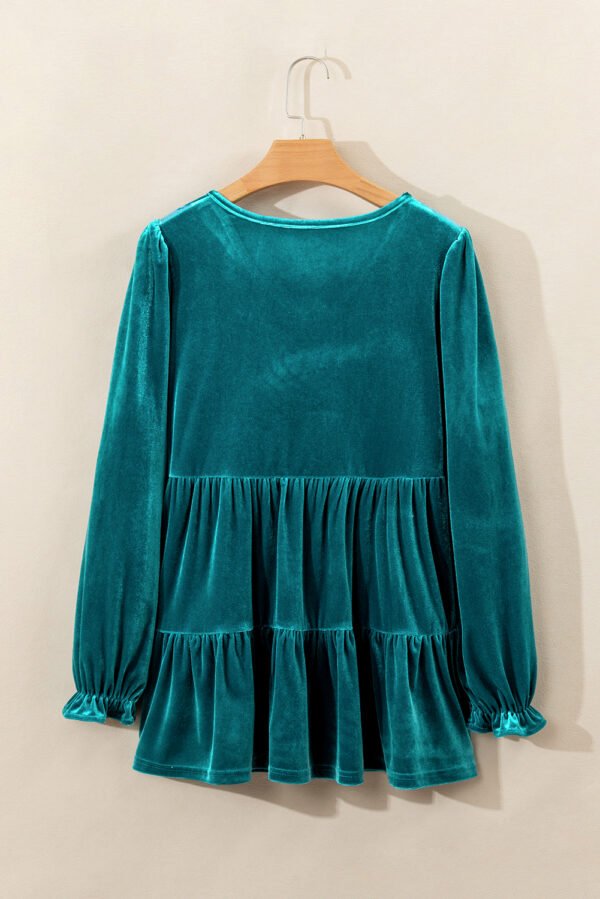 Sea Green Velvet V Neck Peplum Hem Puff Sleeve Blouse