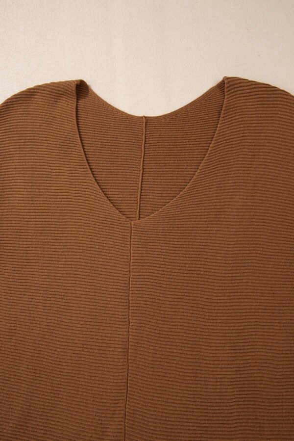 Camel Ribbed Knit Drop Sleeve V Neck Loose Fit Sweater