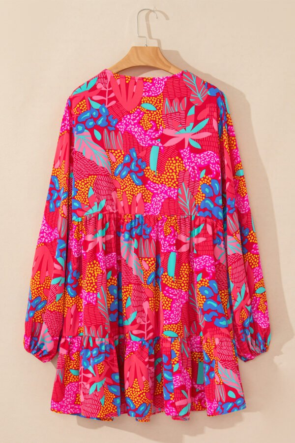 Rose Tropical Printed Lantern Sleeve V Neck Ruffled Plus Size Mini Dress