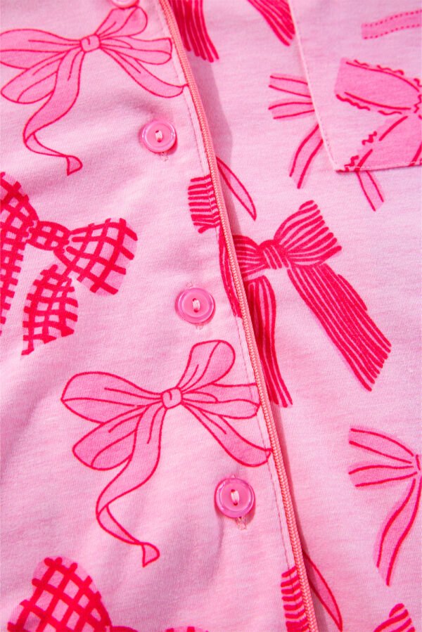 Pink Bow Knot Print Lapel Collar Short Sleeve and Pants Pajamas Set