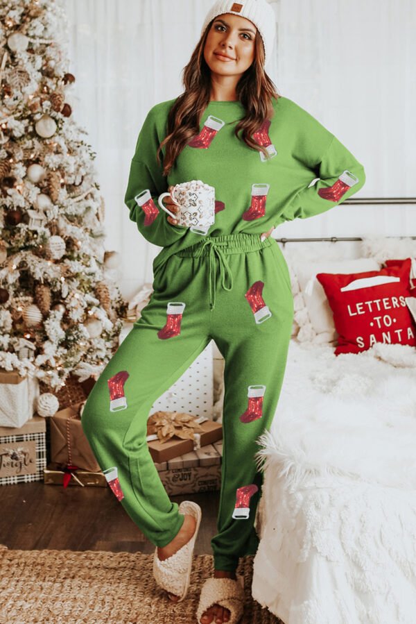 Spinach Green Sequin Christmas Stockings Graphic Two Piece Lounge Set