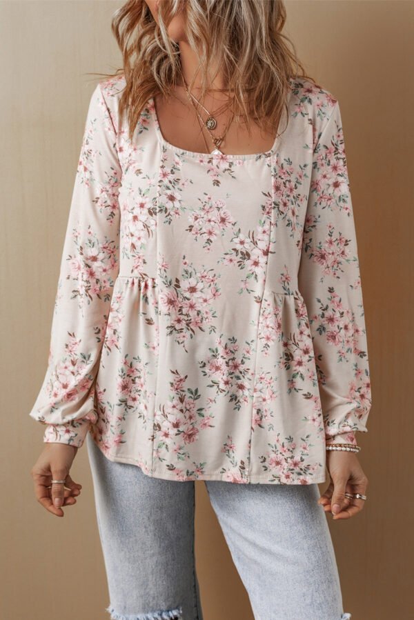 Pink Floral Print Pleated U Neck Loose Fit Blouse