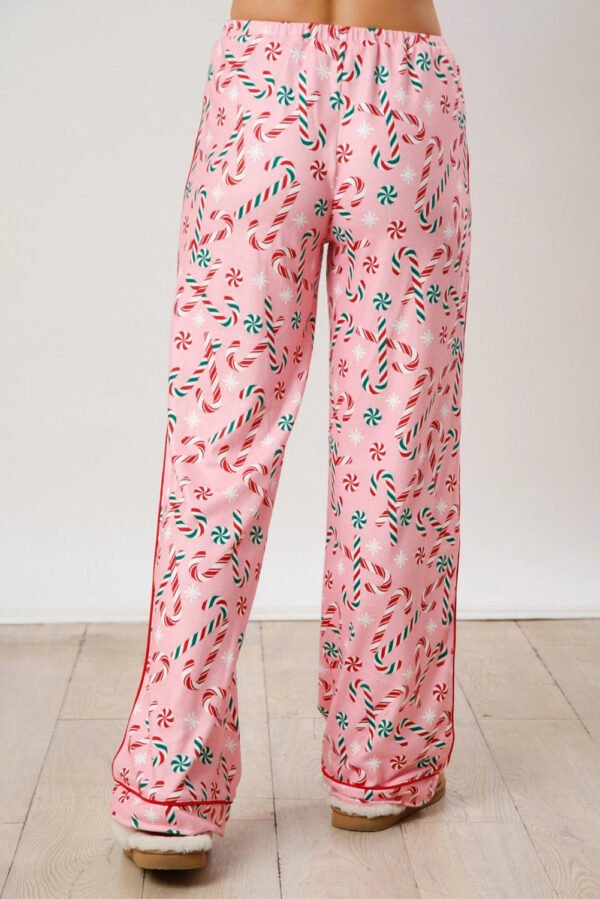 Pink Christmas Candy Cane Print Lapel Collar Shirt and Pants Two Piece Pajamas Set