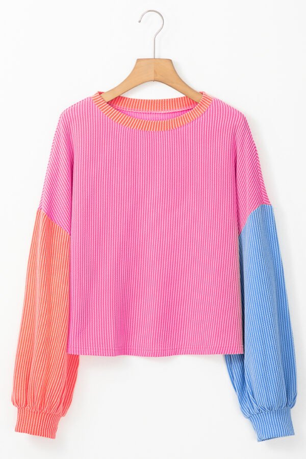 Rose Red Corded Colorblock Patchwork Drop Shoulder Long Sleeve Top