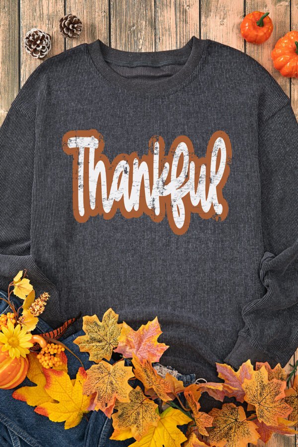 Gray Thankful Printed Drop Shoulder Corded Thanksgiving Sweatshirt