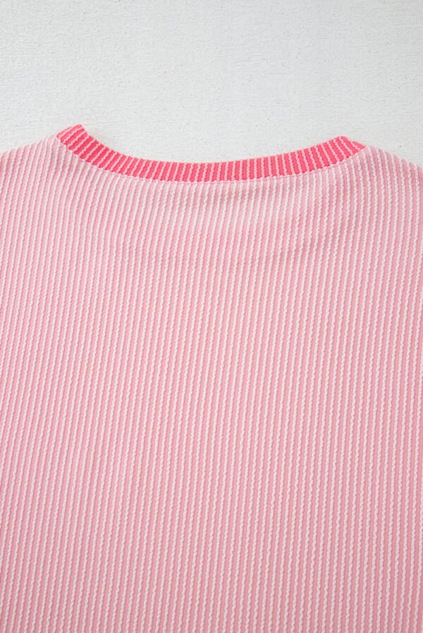 Pink Corded Colorblock Patchwork Drop Shoulder Long Sleeve Top