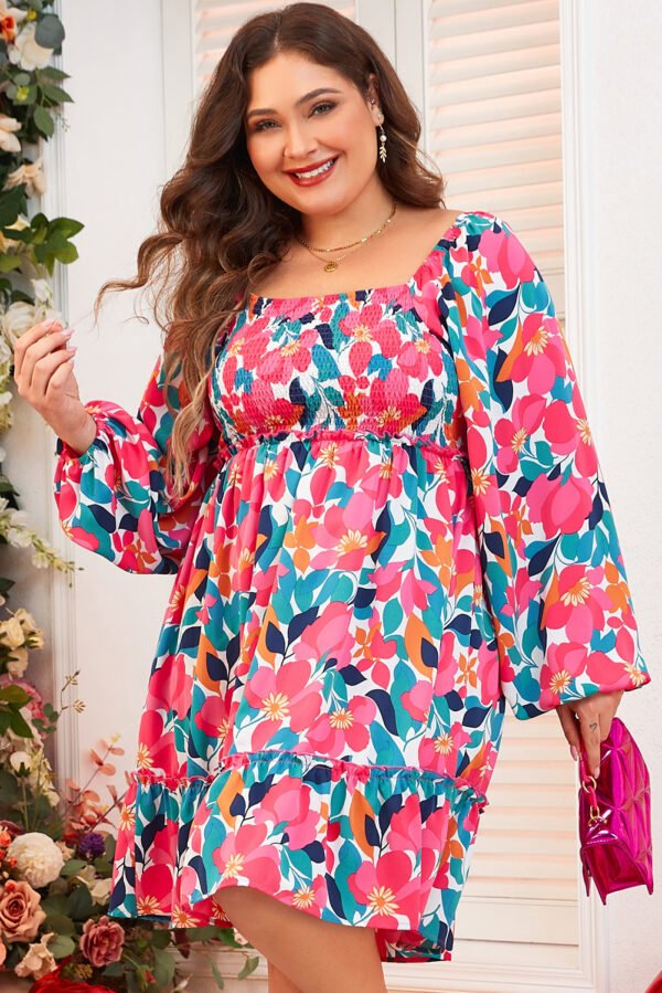 Rose Flower Print Smocked Square Neck Plus Size Dress