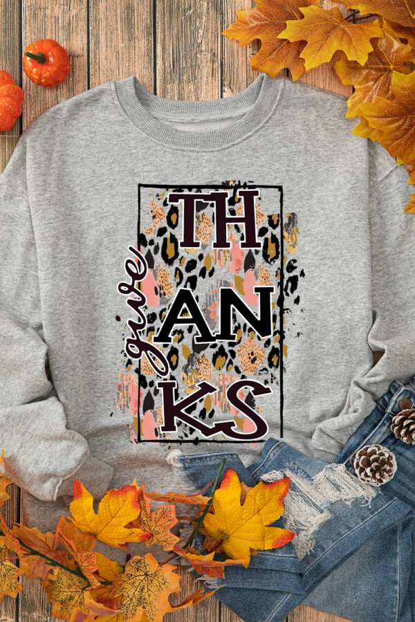 Gray give THANKS Leopard Graphic Drop Shoulder Sweatshirt