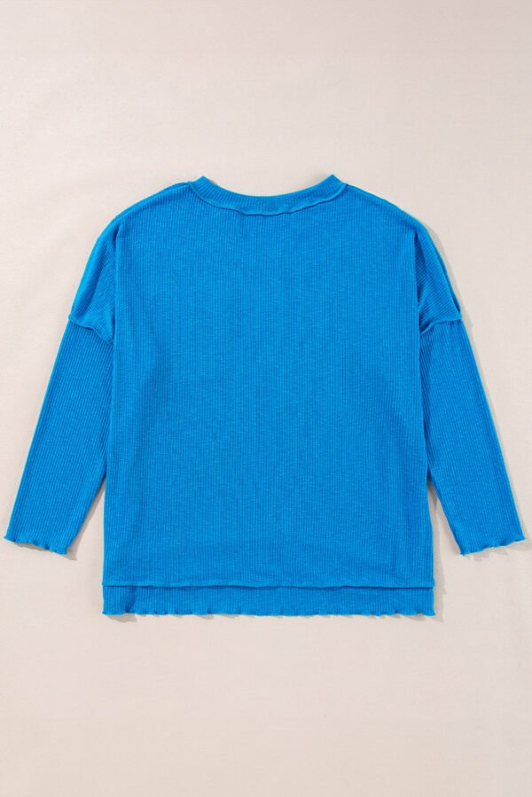 Blue Ribbed Exposed Seam Knit V Neck Long Sleeve Top