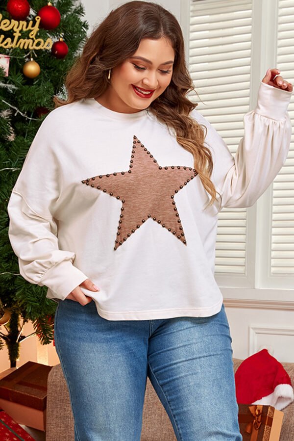 Beige Star Shape Studded Crew Neck Plus Size Long Sleeve Top